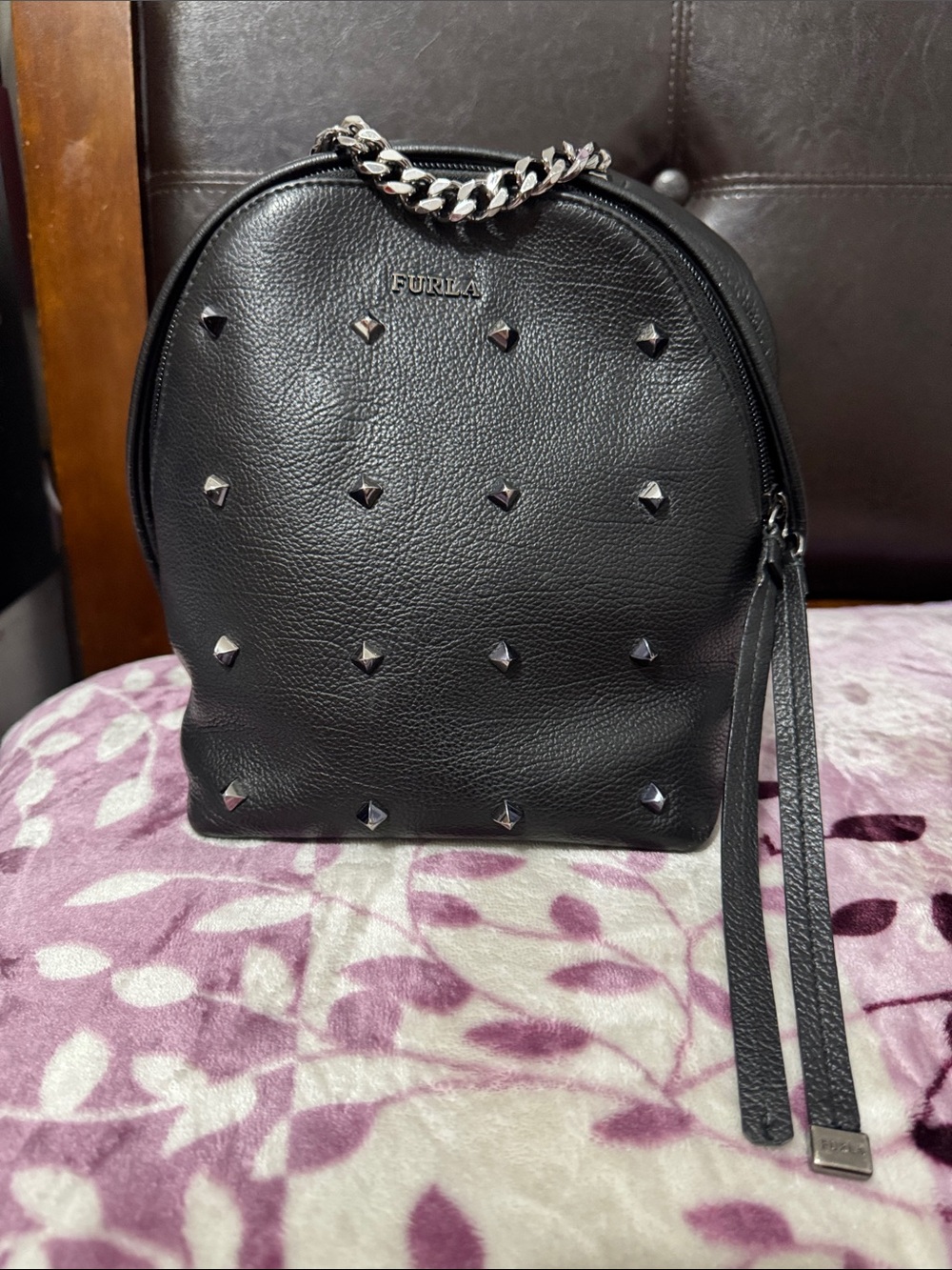 Furla Black Pebbled Leather Mini Backpack with Silver Studs
